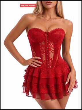 Lace Corset Mini Dress Women Sexy Going Out Stretch Built-in Shorts Detachable